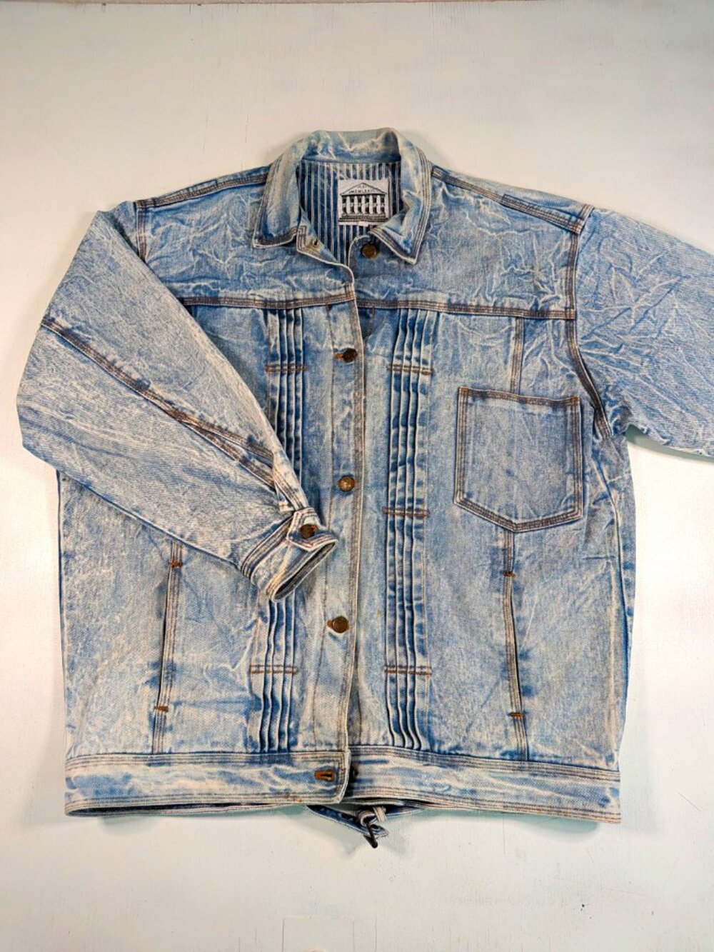 Vintage 80s Acid Wash Denim Jacket Mens XL Pleated Button Front Trucker JouJou